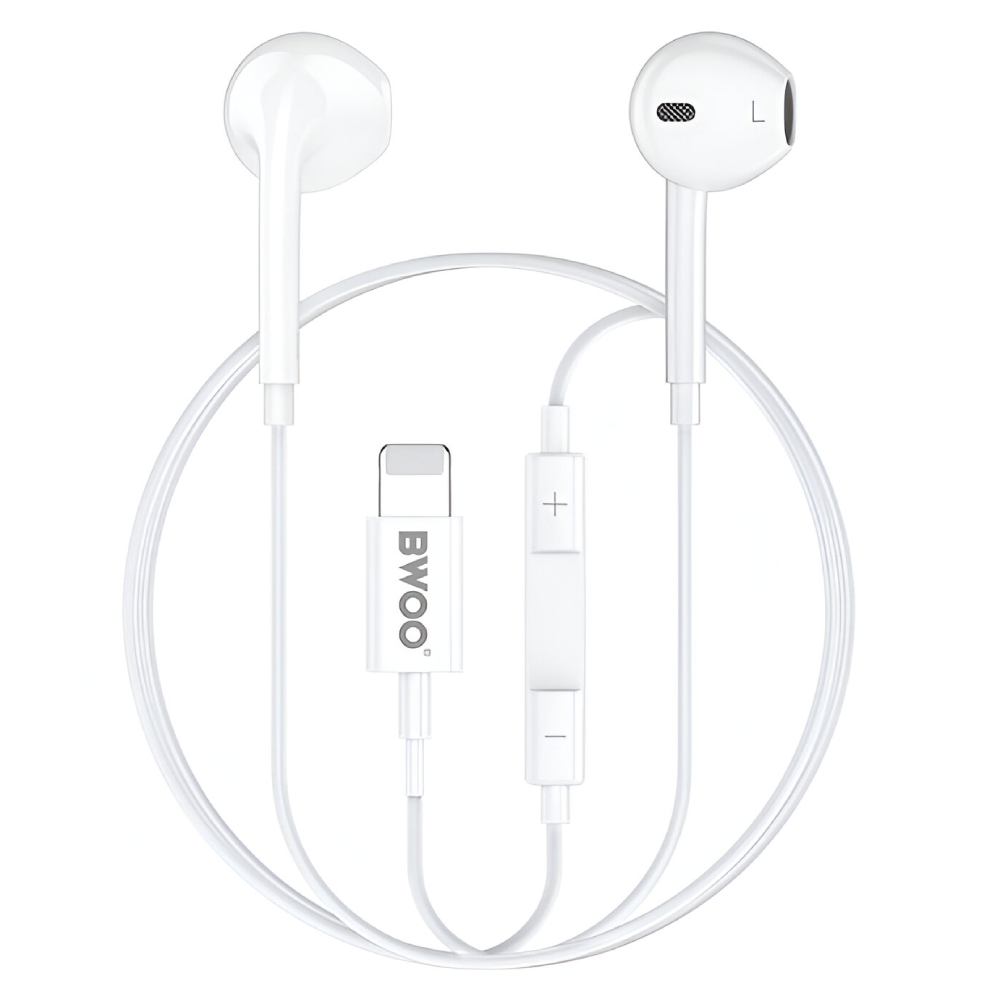 BWOO Lightning Wired Earphones 1.2M - White [BWOO HF179] - Phone Parts Warehouse