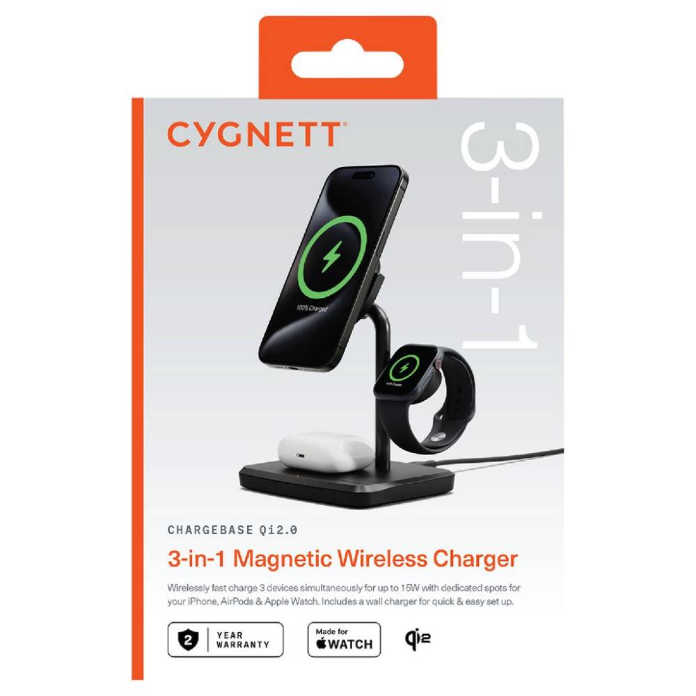 Cygnett ChargeBase Qi2.0 3-in-1 Magnetic Wireless Charger with 25W Wall Charger - Black - Image 5