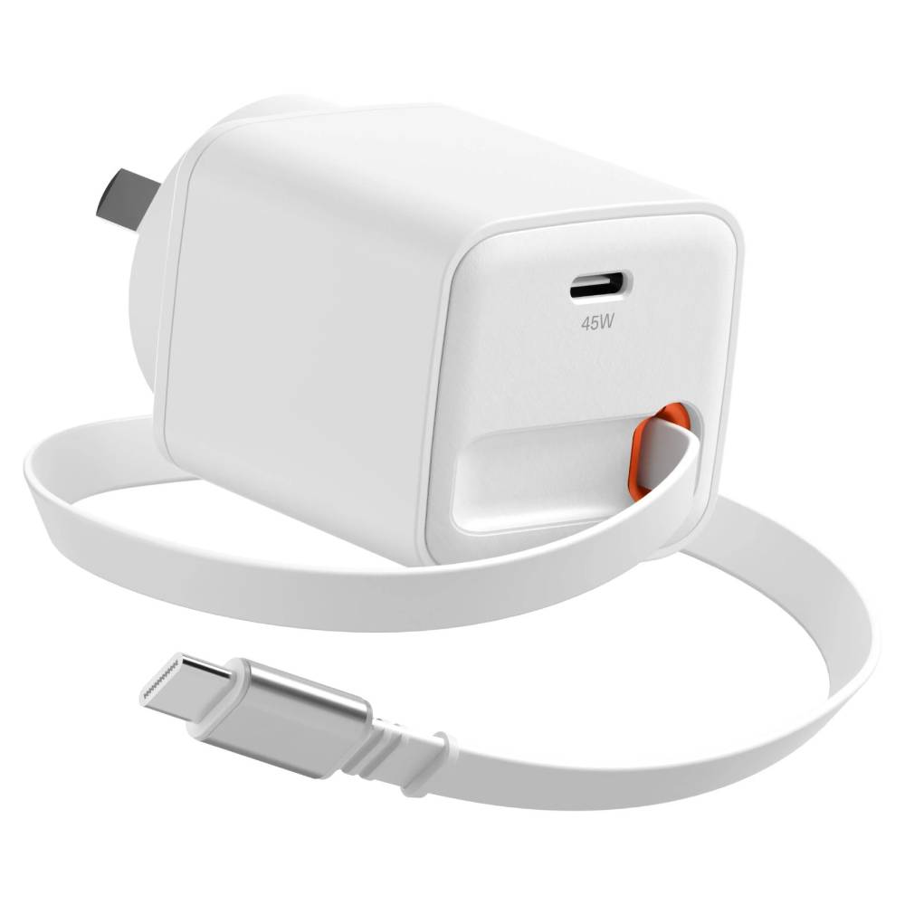 Cygnett PowerPlus 45W Wall Charger with 80cm Retractable USB-C Cable - White [CY5763PDWCH] - Image 1