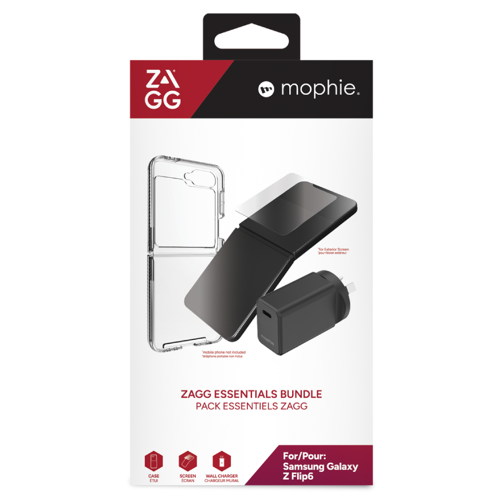 Galaxy Z Flip 6/ Flip 7FE Essentials Bundle - Clear [ZAGG Case + Glass + Adapter] - Image 1