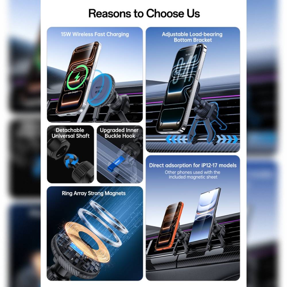 YESIDO 15W Car Air Vent Magnetic Wireless Fast Charging Phone Holder Black [C319] - Image 3