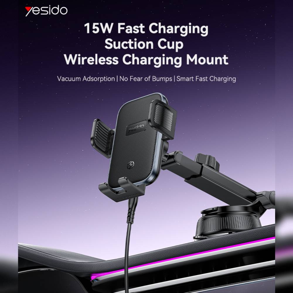 YESIDO 15W Qi Compatible Car Phone Holder with Suction-Cup Clip (Black) (C320) - Image 2