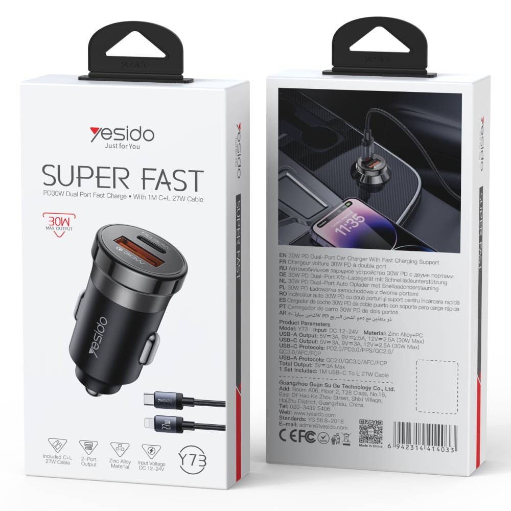 YESIDO 30W USB A + Type C Dual Port Fast Charging Car Charger with Type C to Lightning Cable (Black) (Y73) - Image 6