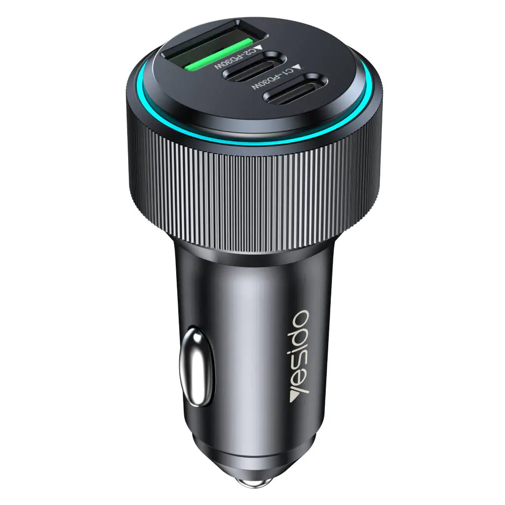 YESIDO 60W Dual USB-C PD Super Fast Charging USB-A 3.0 Car Charger Aluminum Alloy (Black) (Y50) - Phone Parts Warehouse