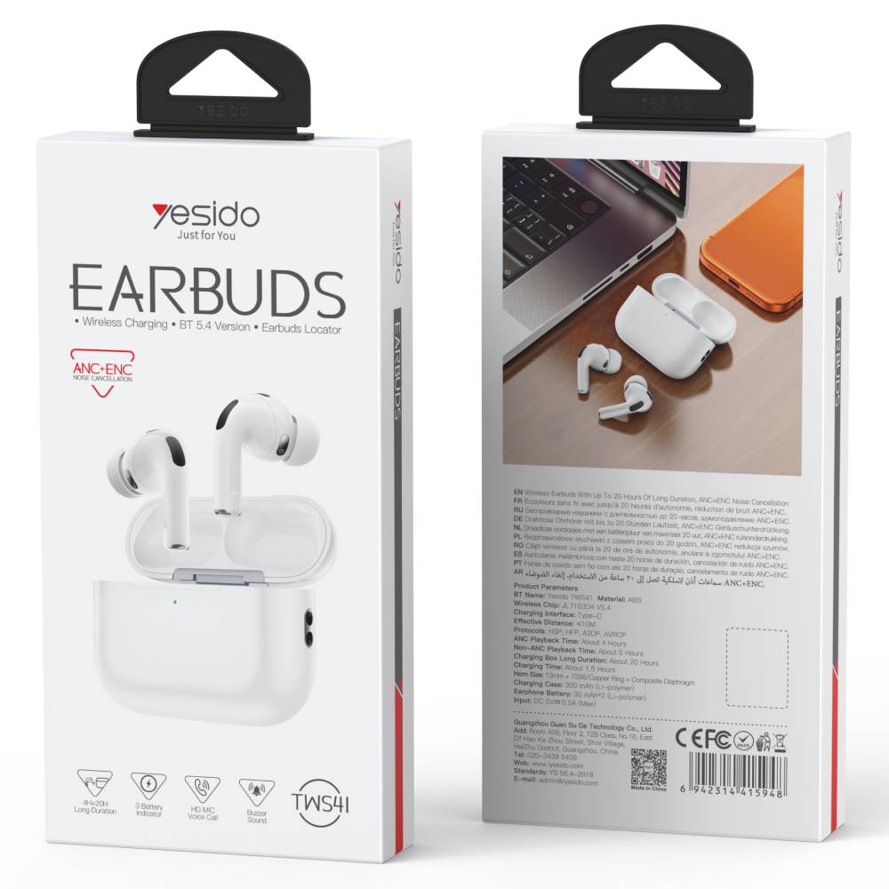 YESIDO Bluetooth TWS Headphones with Noise Cancellation ANC+ENC White [TWS41] - Image 2
