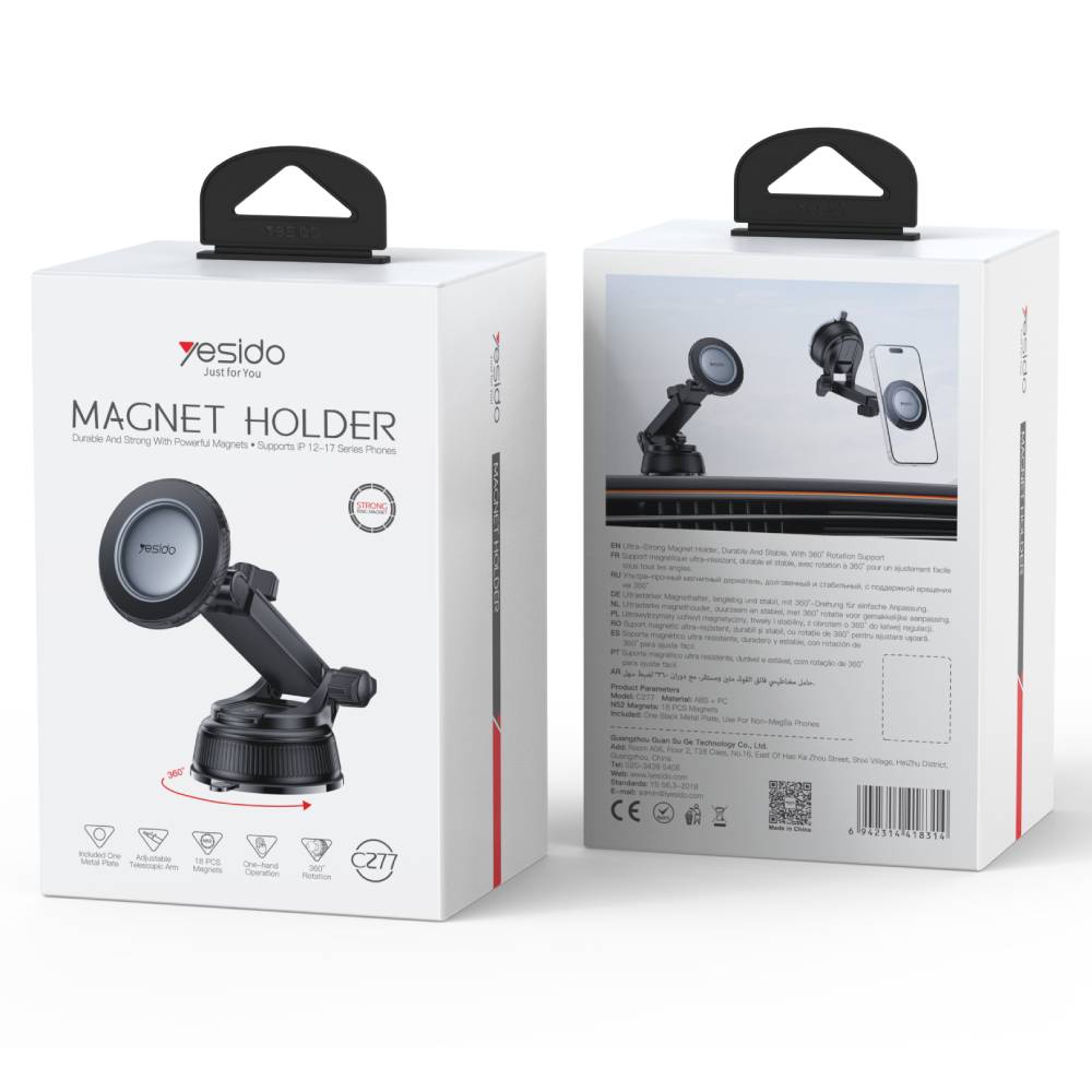 YESIDO Magnetic Car Phone Holder with Suction-Cup MagSafe Bracket (Black) (C277) - Image 2