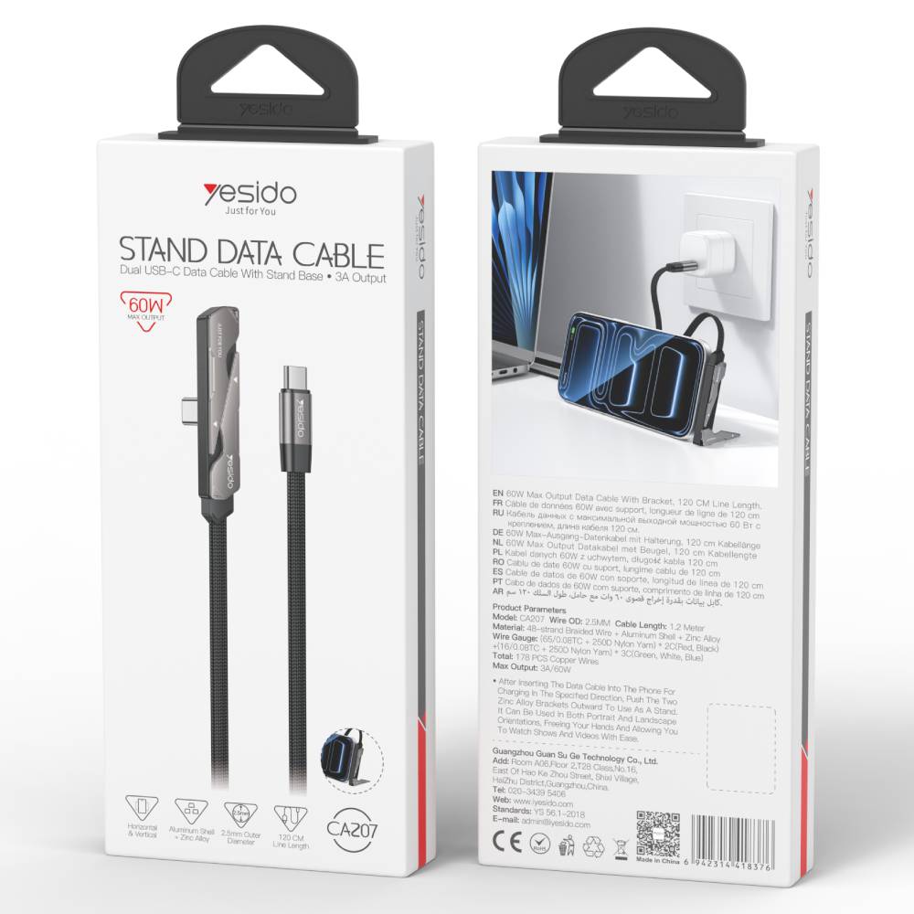 YESIDO Type C to Type C 60W Elbow Fast Bracket Data Cable with Stand Base 1M (Black) (CA207) - Image 6