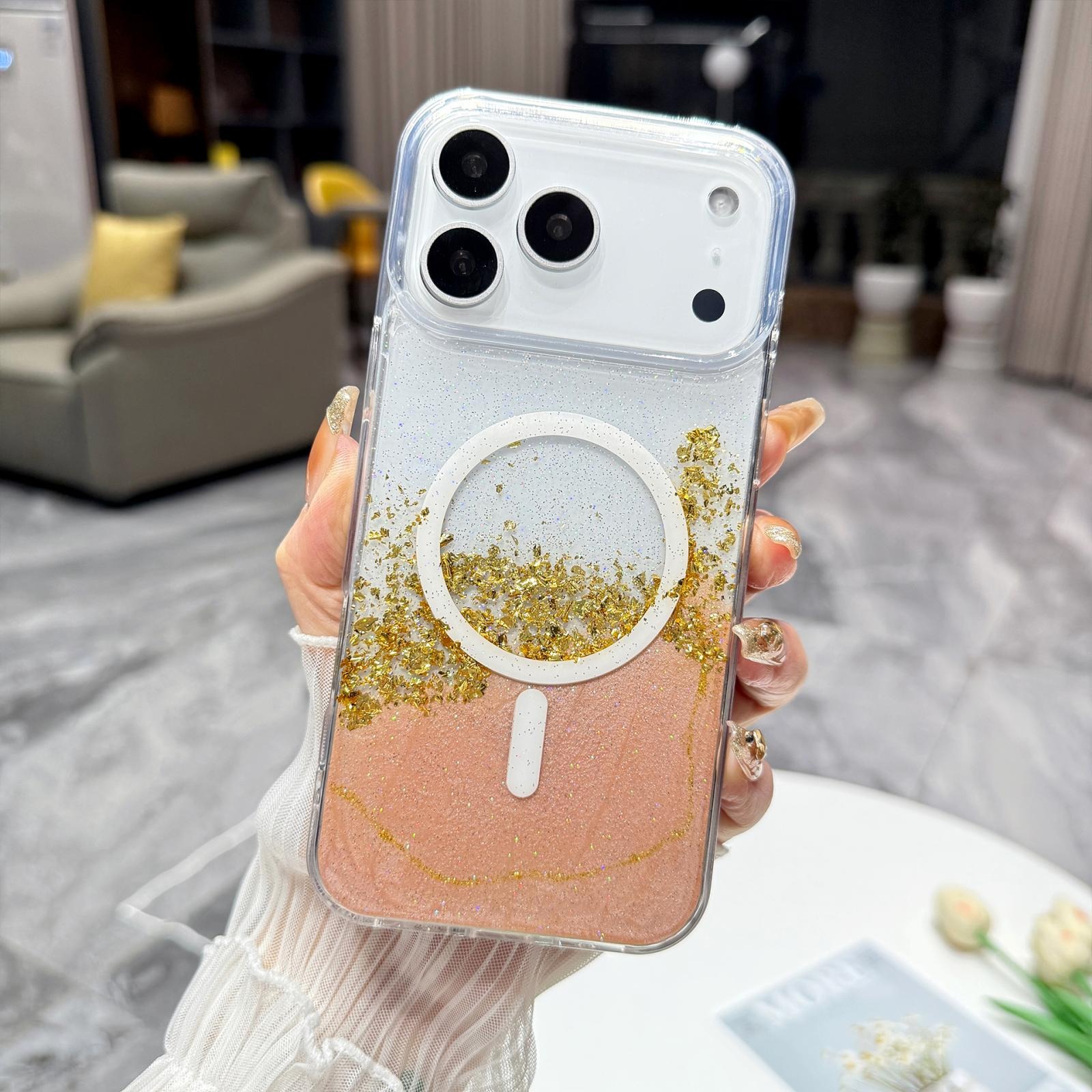 iPhone 18 Pro Max/ 17 Pro Max Epoxy Gold Foil MagSafe Case - Pink - Phone Parts Warehouse